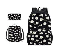 Xoenoiee Juego de mochila para niños y niñas, mochila escolar de 17 pulgadas, bolsa de almuerzo y bolsa de lápices, juego 3 en 1 para escuela, picnic, viajes, Margarita floral negra