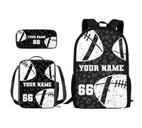 Xoenoiee Juego de mochila personalizada de 3 piezas + bolsa de almuerzo + estuche para lápices para niños y niñas, diseña tu nombre y número, Corazones de fútbol americano, Talla única