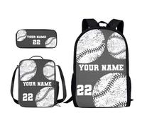 Xoenoiee Juego de mochila personalizada de 3 piezas + bolsa de almuerzo + estuche para lápices para niños y niñas, diseña tu nombre y número, Béisbol, Talla única