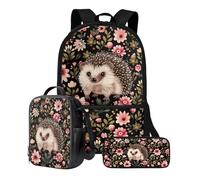 Xoenoiee Mochila escolar, bolsa de almuerzo y estuche para lápices, juego de 3 piezas para niños y niñas, juego de mochilas escolares para estudiantes, suministros escolares, Hedgehog Boho Floral,