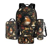 Xoenoiee Mochila escolar para niños, paquete de 4 piezas con lonchera aislada, bolsa para botella de agua, estuche para lápices, suministros de vuelta a la escuela, American Robin Bird Floral, Talla