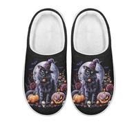 Xoenoiee Pantuflas para mujer, pantuflas peludas para hombre, zapatos de casa, antideslizantes, cálidas, para interiores y exteriores, Cat Bat Jack O Lantern Skull Rose Halloween, 1/2 UK Men/ 3/4 UK