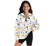 Xoenoiee Sudadera informal de manga larga con cremallera de 1/4 para niñas, sudadera con gráfico 3D para niñas de 5 a 14 años, Lindos gatos de dibujos animados, 7-8 años