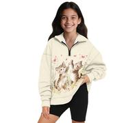 Xoenoiee Sudadera informal de manga larga con cremallera de 1/4 para niñas, sudadera con gráfico 3D para niñas de 5 a 14 años, Mariposa y gatos beige, 9-10 años