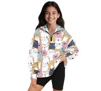 Xoenoiee Sudaderas de cuello con media cremallera para niñas de 5 a 14 años, con gráfico de manga larga, suéter con cremallera de un cuarto para otoño e invierno, Gatos de dibujos animados., 7-8 años