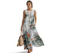 Xoenoiee Vestido largo de verano para mujer, casual, sin mangas, con bolsillos, para vacaciones en la playa, tallas S-4XL, Koi Fish Lotus Leaf & Pond, XL