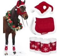 Xoeryoy Disfraces para Caballos para Usar Disfraz de Caballo Rojo con Gorro de Papá Noel, envolturas para piernas y Silla de Montar para desfiles de Fiestas navideñas de Invierno