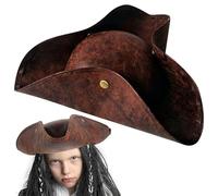 Xoeryoy Tricorn Hat Faux Faux Halloween Pirate Hat unisex con botón seguro CON CONDUCCIÓN CON COLONIAL PARA ACELTOS, CARAJE DE GUERRA REVolucionaria para niños (marrón)