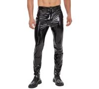 xokesy Pantalones de cuero brillantes para hombre, con cremallera, aspecto mojado, piel sintética, rectos informales, para disfraz, cosplay, discoteca, negro, Negro , 36