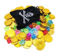 xolear 101 Piezas Tesoro Pirata, 50 Monedas de oro y 50 Piedras Preciosas y 1 Bolsa con Cordón De Calavera, Monedas de Oro para Niños, para Halloween Juguete Pirata de Regalo Fiesta Niños