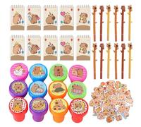 xolear 84 Pieces Capybara Stationery Set, Capybara Birthday Party Gift, Includes 12 Stamps, 12 Neutral Pens, 10 Coil Books, 50 Stickers, Gift Set for School, Office and Art for Kids and Kids