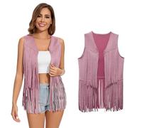 XonyiCos Chaleco con flecos para mujer, chaleco hippie de los años 70 y 60, sin mangas, vaquera occidental, ante sintético, borla, chaqueta de cuero, carnaval y juegos de rol (chaleco con borla rosa,