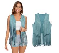 XonyiCos Chaleco de mujer con flecos de los años 70 60, chaleco hippie sin mangas, vaquera occidental, ante sintético, borla, chaqueta de cuero, carnaval y juegos de rol, Chaleco de borla azul, M