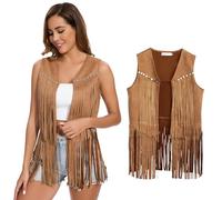 XonyiCos Chaleco para mujer, disfraz hippie de los años 70, sin mangas, vaquera occidental, de ante sintético, borla, Chaleco de borla caqui, XL