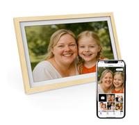 XORO Marco de fotos digital WiFi de 15 pulgadas, 1920 x 1080 Full HD 1080P, pantalla táctil IPS, 32 GB de memoria, rotación automática, madera de haya, comparte fotos al instante desde cualquier lugar
