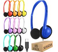 XOSDA Auriculares tipo C a granel, paquete de 30 para aula, escuela, auriculares con cable USB C para niños, niñas, adultos, estudiantes, tabletas, smartphones (colores mezclados)