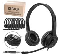 XOSDA Paquete de 10 auriculares a granel con micrófono para escuela, aula, oficina, auriculares de computadora con cable con cancelación de ruido con micrófono giratorio para reuniones, chat, funciona