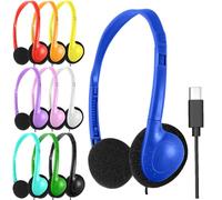 XOSDA Paquete de 10 auriculares tipo C a granel para aula, escuela, estudiantes, niños, multicolor, USB C, juego de auriculares con cable para niños, niñas, adolescentes y adultos (colores mezclados)