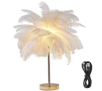 XoTiq Lámpara de mesa de plumas, con base de metal dorado, lámpara de noche recargable por USB, iluminación de 3 tonos, adecuada para dormitorios, salas de estar, pasillos, bodas white