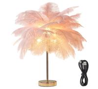 XoTiq Lámpara de mesa de plumas, con base de metal dorado, lámpara de noche recargable por USB, iluminación de 3 tonos, adecuada para dormitorios, salas de estar, pasillos, bodas pink