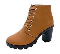 XOUSAEKM Botas de gamuza para mujer, con cordones, anchas, para mujer | Botas cortas antideslizantes con punta redonda y tacón grueso de bloque de color liso, botines de combate, informales