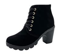 XOUSAEKM Botas de gamuza para mujer, con cordones, anchas, para mujer | Botas cortas antideslizantes con punta redonda y tacón grueso de bloque de color liso, botines de combate, informales