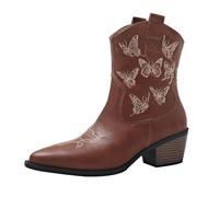 XOUSAEKM Botas vaqueras para mujer, bordadas en el Reino Unido, puntera puntiaguda, gruesas, retro, de tacón medio, botas vaqueras occidentales, ajuste ancho, de piel retro, de media altura, a la moda