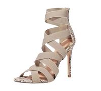 XOUSAEKM Sandalias de tacón alto con tiras elásticas para mujer, con puntera abierta, cómodas, para fiesta de noche, con cremallera trasera, sexy, elegante, para verano, bodas, bailes de graduación o