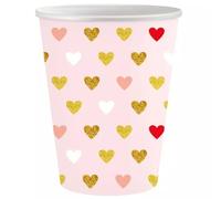 XOXO: Juego de 6 vasos de cartón rosados con corazones - 250 ml