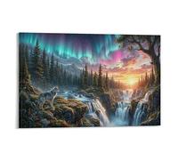 XPASHIQWC lobo gris Cuadro En Lienzo Cuadros Decorativos Cascada del Corriente Aurora Pinturas Murales Pintura Poster Impresiones Lienzo Para Sala De Estar Decoración Dormitorio 24x36inch(60x90cm)