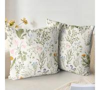 XPHZZL Juego de 2 fundas de cojín de 45 x 45 cm, suave, de felpa corta, color verde salvia, flores silvestres, para sofá, cama, jardín, decoración de primavera, plantas con cremallera invisible