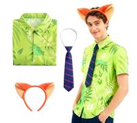 XPJBKC 3PCS Zorro Disfraz Accesorios, Carnaval Conjunto con Camiseta Estampada en Verde, Corbata Morada y Oreja de Zorro Diadema, Fox Disfraces Accesorios para Carnaval, Halloween y Cosplay (M)