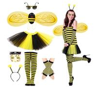 XPJBKC - Disfraz de abeja para mujer, 7 piezas, disfraz de abeja, carnaval, para mujer, con falda de tul, gafas de abeja, diadema, guantes de alas de abeja pegatinas
