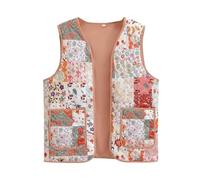 XPJYUA Chaleco Bordado para Mujer Chaleco acolchado con estampado de flores for mujer, abrigo sin mangas cuello en V, chaleco bolsillo frontal, prendas vestir exteriores Vintage(L)