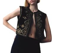 XPJYUA Chaleco Bordado para Mujer Chaleco bordado con estampado floral vintage for mujer, sin mangas, frente abierto, chalecos cortos versátiles, cárdigan(Black,L)