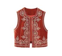 XPJYUA Chaleco Bordado para Mujer Chaleco bordado con estampado floral vintage for mujer, sin mangas, frente abierto, chalecos cortos versátiles, cárdigan(Red,M)