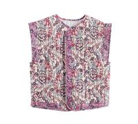 XPJYUA Chaleco Bordado para Mujer Chaleco de algodón acolchado con estampado Floral y cuello redondo for mujer, chaleco ajustado Retro for(L)