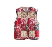 XPJYUA Chaleco Bordado para Mujer Mujer Vintage cuello redondo tela Patchwork estampado de flores algodón acolchado chaleco sin mangas chaqueta mujer Retro Tops(XS)
