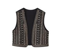 XPJYUA Chaleco Bordado para Mujer Mujeres Vintage V cuello rebordear flor bordado chaleco corto chaqueta señoras sin mangas Casual Cardigan Tops(M)