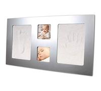 Xplorys Happy Hands, Gran Marco de Fotos y Juego de Huellas de Manos para dos Huellas de Manos o Pies de Bebé (Fácil Manejo, Incl. Arcilla de Modelar Inocua para la Piel), Plata, 42 x 23.5 Cm
