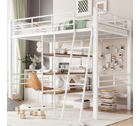 XPSSJMU Cama Alta, 90 * 200cm, sin colchón, Cama con Escritorio, Varios estantes, barandilla, Escalera, Estructura de Hierro, Color Blanco