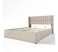 XPSSJMU Cama con canapé, Cama tapizada, Cama Doble hidráulica 140x200cm, somier de láminas de Madera, Cama con somier de láminas de Metal, Lino, Beige