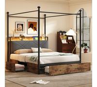 XPSSJMU Cama Doble Multifuncional de 140 x 190, con Espacio de Almacenamiento y Dosel de Hierro, con Postes de Cama extraíbles y Puertos de Carga USB/Tipo C, así como Tres cajones, Color Negro.