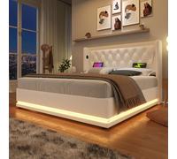 XPSSJMU Cama Doble tapizada 160 * 200 cm, Material PU Blanco, canapé hidráulico, cabecero Acolchado, función de 3 Lados (con colchón)