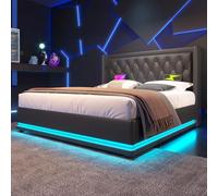 XPSSJMU Cama Doble tapizada 160 * 200 cm, Material PU Negro, canapé hidráulico, cabecero Acolchado, función de 3 Lados (con colchón)