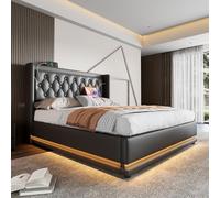 XPSSJMU Cama Doble tapizada 160 * 200 cm, Material PU Negro, canapé hidráulico, cabecero Acolchado, función de 3 Lados (colchón no Incluido)