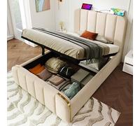 XPSSJMU Cama Individual tapizada, cabecero Acolchado con Rayas Decorativas Doradas y función de Carga Tipo-C, 90 * 200 cm, Material de Lino Beige, Cama con canapé hidráulico (sin colchón)