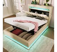 XPSSJMU Cama Individual tapizada de 90 x 200 cm con cabecero con canapé a los pies y Sistema hidráulico de almacenaje. Lino Beige. (Colchón no Incluido).