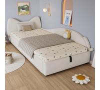 XPSSJMU Cama Individual tapizada, diseño de Gato, Cama hidráulica con almacenaje y Asas, Base de láminas Resistente, Panel Lateral Derecho, Terciopelo, Beige, 90x200cm