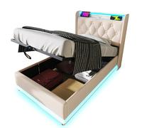 XPSSJMU Cama Individual tapizada, función Envolvente de 360°, pulsador/App/Control Remoto, 90 * 200 cm, Material PU Blanco, Cama con canapé hidráulico, cabecero tapizado (colchón no Incluido)